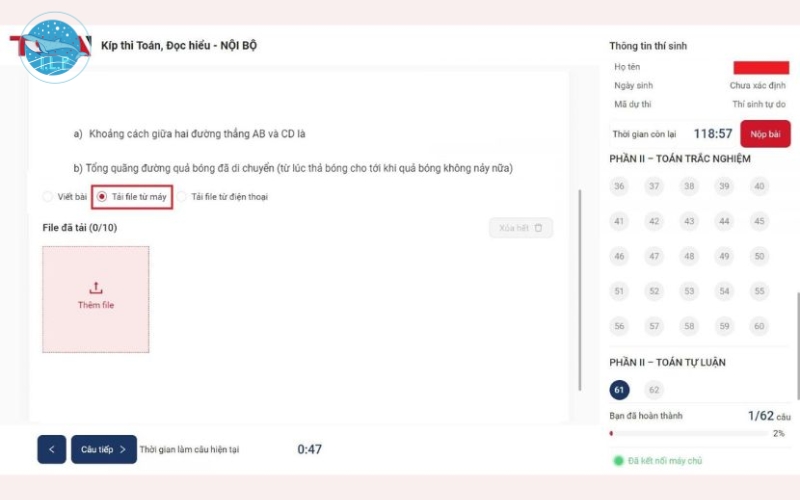 Tải file lên bài thi